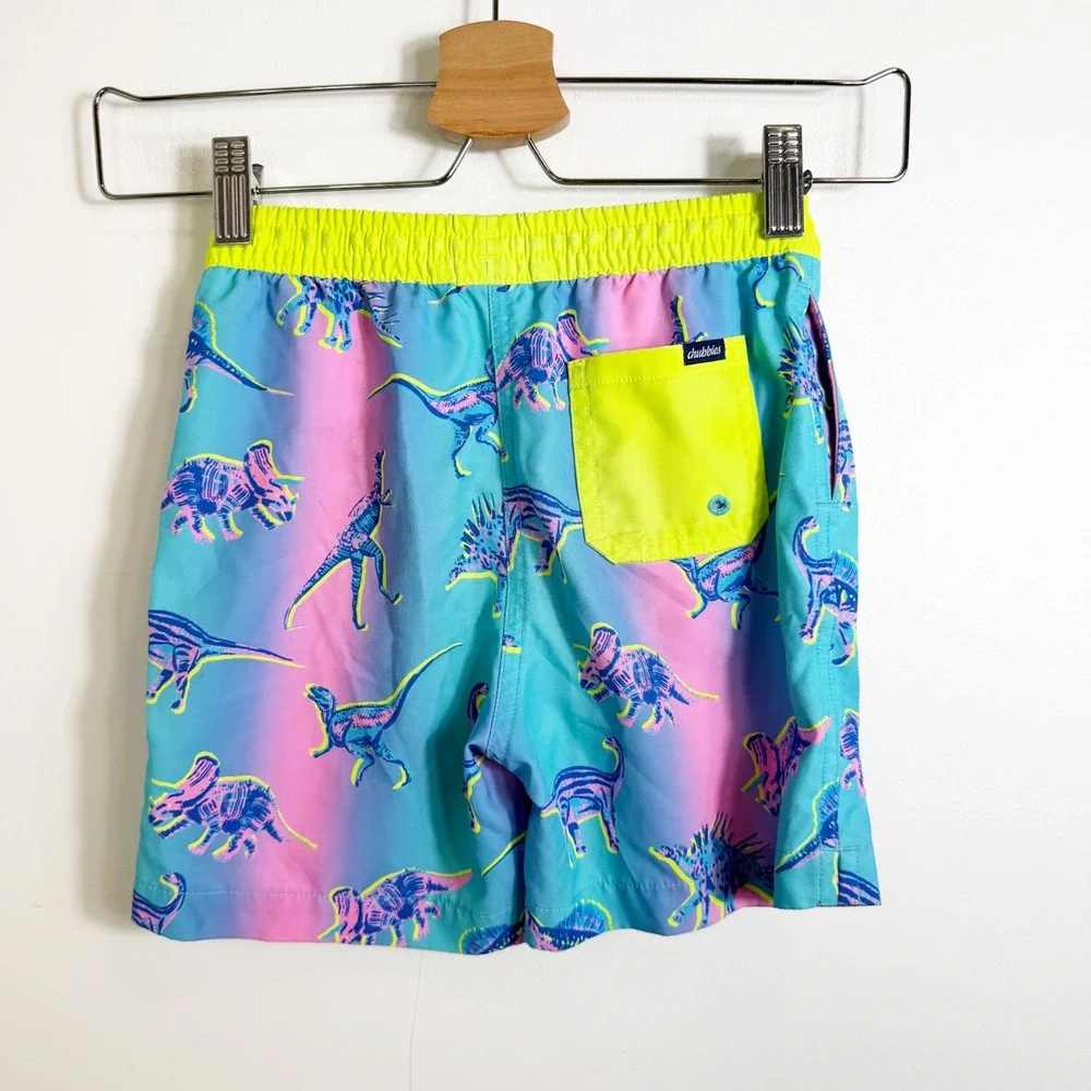Chubbies Swim Trunks Boys Size 5/6 Blue Pink Ombre Neon Dinosaur Print Shorts